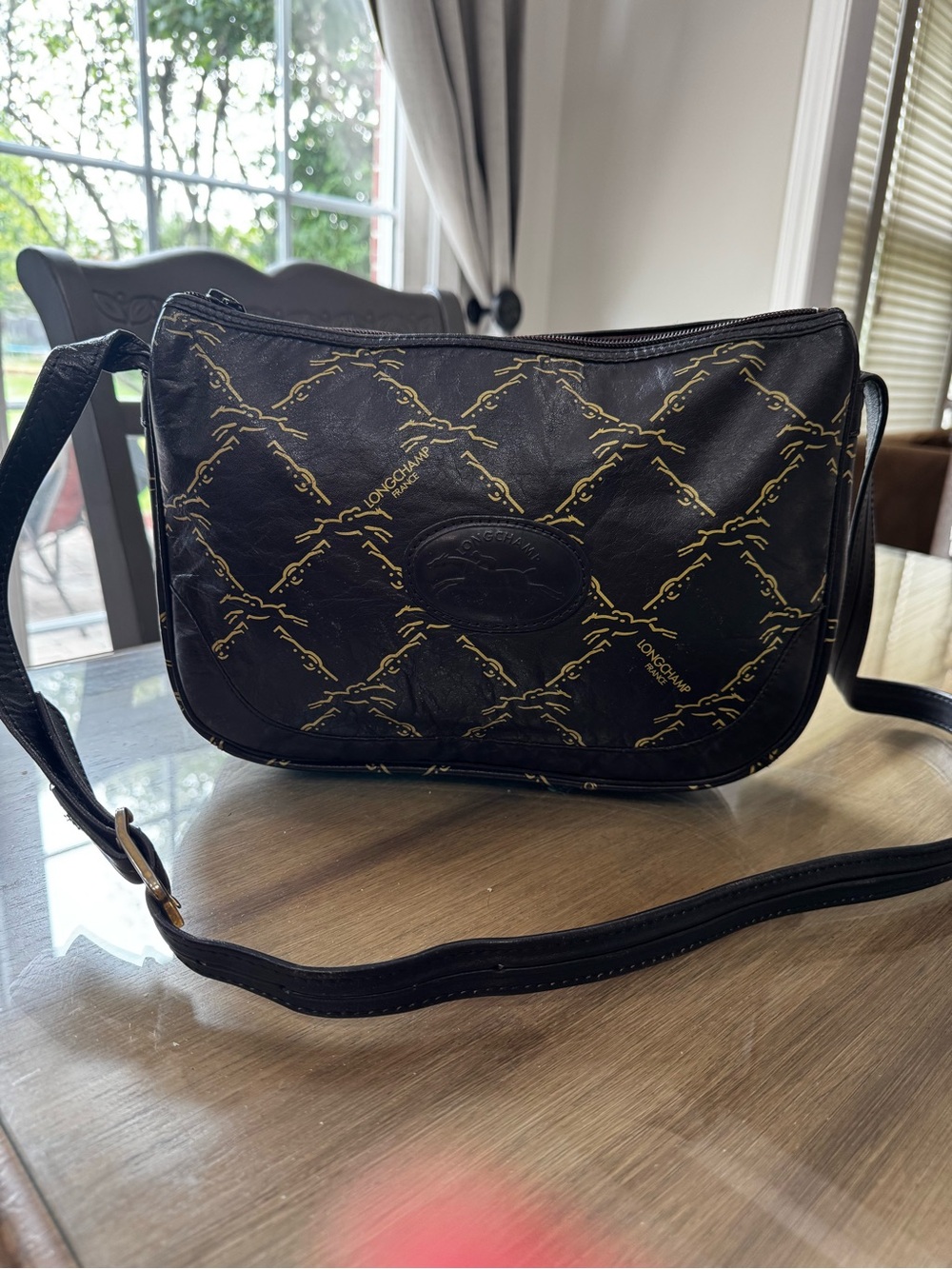 Longchamp Dark Brown Leather Monogram Shoulder Bag -Horse Logo Print, VINTAGE